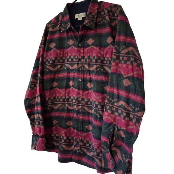 Vintage Haband Mens Large Aztec Button Up Flannel Collard Indie Shirt 2 Pocket - Picture 1 of 6